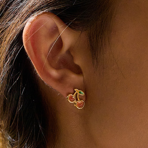 Pendientes de Cereza en Acero Inoxidable con Baño de Oro de 16K, Joyería de Moda para Mujer, Set de Regalo con Diseño Geométrico de Fruta - Product Image 2