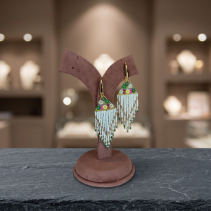 Sstringz Handcrafted Ivory White, <b>Emerald</b> Green, Blush Pink & Gold Miyuki Delica Beaded Fringe Earrings with Pearl Accents Boho - Product Image 3