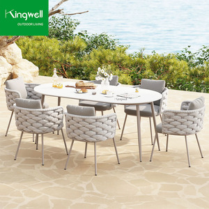 Juego de Comedor de Lujo de 6 Puestos con <span class=keywords><strong>Mesa</strong></span> <span class=keywords><strong>y</strong></span> <span class=keywords><strong>Sillas</strong></span> de Aluminio para Exteriores, Tejido de Cuerda Duradero e Impermeable - Product Image 1