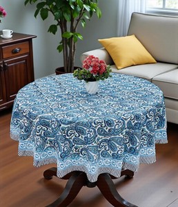 Nappe ronde en coton imprimée à la main motif cachemire bleu – 72 pouces - Product Image 6