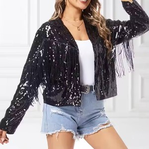 Custom Popular Women <strong>Jackets</strong> <strong>Sequin</strong> Embroidery Long Sleeve and <strong>Silver</strong> Golden Reflective Tassel Fringe Sleeves <strong>Sequin</strong> <strong>Jacket</strong> - Product Image 4