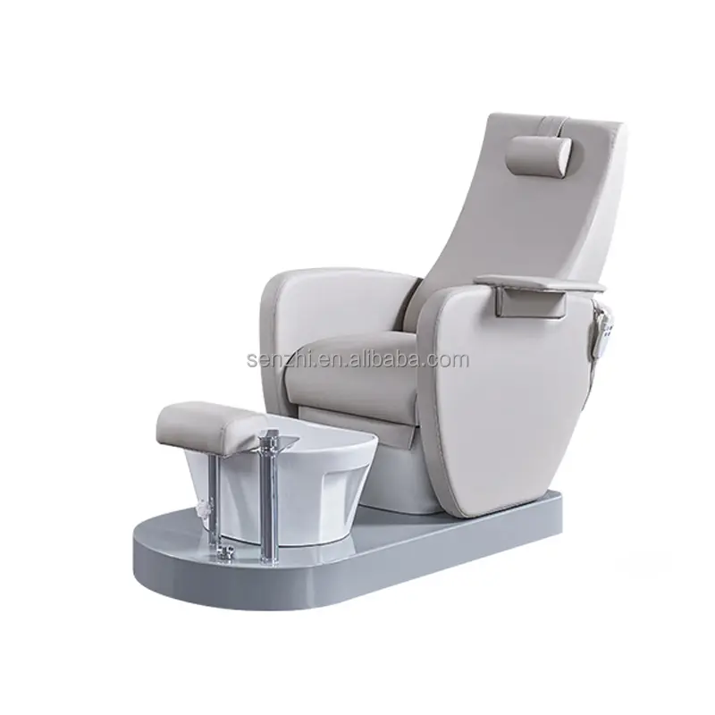 Chaises de pédicure manucure en cuir PU gris de luxe chaise de spa moderne en résine bol pour soins des pieds avec lumières LED