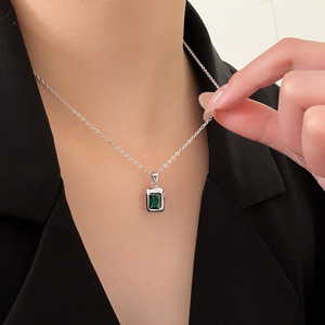 S925 Sterling Silver <b>Emerald</b> Zircon Necklace Geometric <b>Pendant</b> Clavicle Chain For Women Everyday Wear - Product Image 3