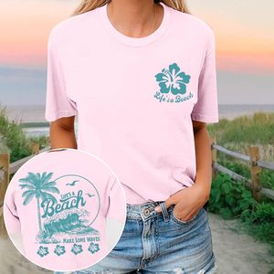 เสื้อยืดชายหาดฮาวายสำหรับผู้หญิง FOXA สีชมพู ผ้าฝ้าย ลายต้นปาล์มและดอกชบา เหมาะสำหรับวันหยุดฤดูร้อน - Product Image 6