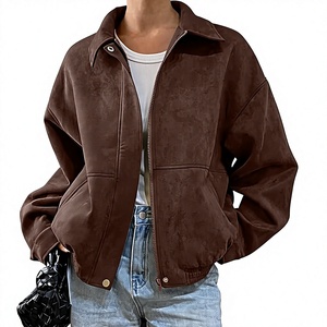 <b>Women's</b> Brown PU <b>Suede</b> Woven Bomber Jacket Full Sleeve Turn-down Collar Zipper Closure Front Logo Autumn Style Waterproof - Product Image 1