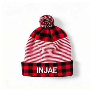 Wholesale Plaid Striped Knit Beanie With Pom Pom Custom Logo Winter <b>Hats</b> - Product Image 1