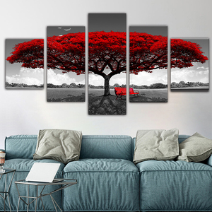 Pintura decorativa para arte de pared, panel de pintura con hermoso paisaje de árbol rojo, lienzo impreso, 5 piezas - Product Image 4