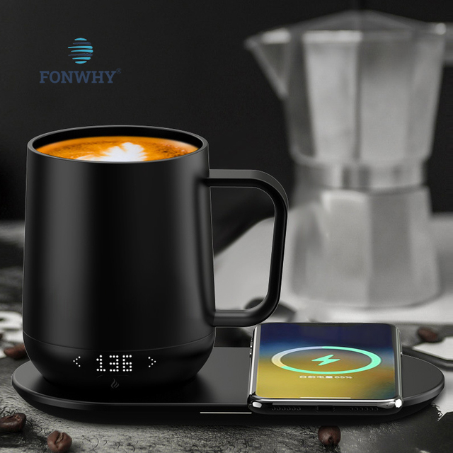 Fonwhy Custom 12 oz Ceramic Coffee Mugs Smart Wireless Controlled Self Heating Travel Cups with Constant Temperature Warmer