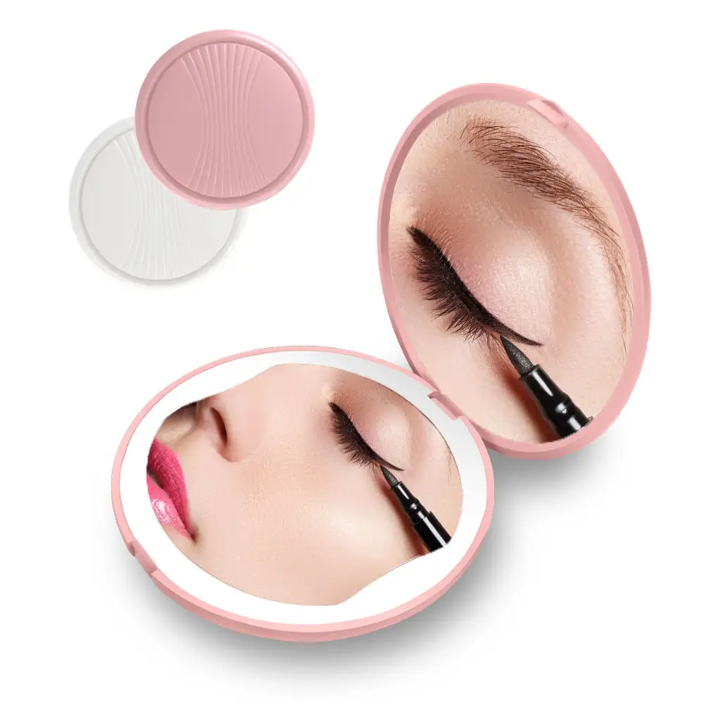 Groothandel Ronde Dubbelzijdige Reis Compact Ijdelheid Led Lights Make-Up Make-Up Pakket Spiegel