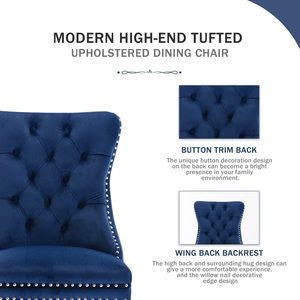 Chaise de salle à manger moderne en peluche bleu marine avec coussin doux et bouton avec anneau de traction - Product Image 3