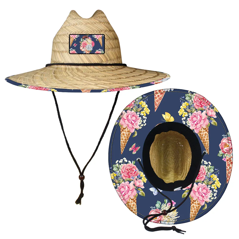 Sombrero de sol con estampado para hombre y mujer, gorro de paja con Logo personalizado para exteriores, visera ancha de paja Natural
