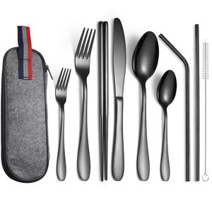 Hot Selling Reusable Camping Cutlery Stainless Steel Knife Spoon Fork Straw 9 Pcs <b>Black</b> Office Portable Flatware Set - Product Image 2
