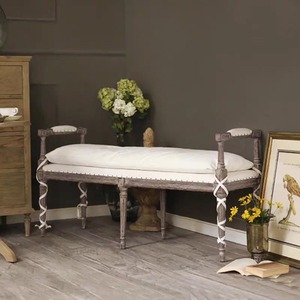 American Solid Wood <b>Bed</b> <b>End</b> Bench, French Distressed Vintage Entryway Shoe Bench, Long Upholstered Bench for Master Bedroom - Product Image 6