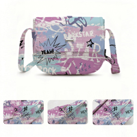 Sac à bandoulière imprimé graffiti en cuir de luxe avec rabat, sacoche messager personnalisable avec logo, style pop art tendance pour le streetwear