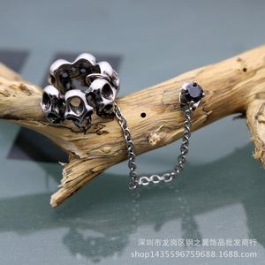 yunnique Skeleton Skull <b>Cuff</b> <b>Earrings</b> Titanium Steel Black Diamond Chain Ear Studs Fashion Jewelry - Product Image 3