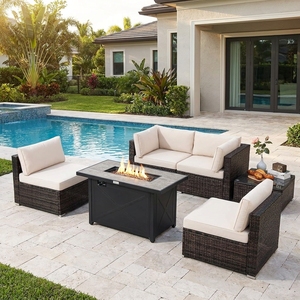 Conjunto de Muebles Seccionales de Mimbre Contemporáneos para Patio con Mesa de Chimenea de Propano y Mesa Auxiliar para Jardín a Precio Económico - Product Image 1