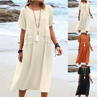 Robe midi élégante en coton et lin kaki Joydressing pour femme, coupe ample, manches courtes, style bohème décontracté, robes de plage, vente en gros, sur mesure
