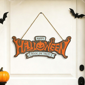 Décoration de porte d'Halloween en bois de haute qualité avec une citrouille orange effrayante, idéale pour la fête à la maison - Product Image 5