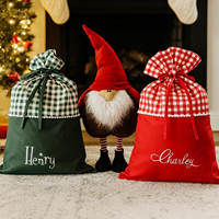 Sac de Noël personnalisé vierge en toile unie et à carreaux avec cordon de serrage pour enfants – Sac de rangement pour cadeaux de Noël