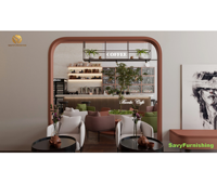 Aménagement intérieur de café chaleureux, ensemble table et chaises personnalisés pour café, mobilier moderne pour boulangerie, café, salon, bar et comptoir.