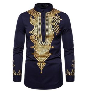 Chemises Traditionnelles Musulmanes pour Hommes Africains, Coupe Slim, Imprimées Noir, Bleu Marine et Doré, Manches Longues, Vente en Gros - Product Image 1