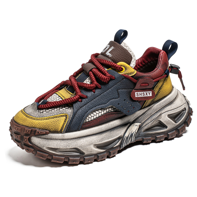 Men's Distressed Style Color-Block Platform Trendy Chunky Sneakers Retro Texture Multi-Material Paneled Casual Elevator Shoes