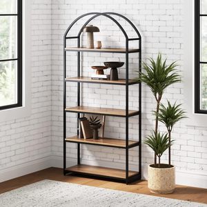 Giá sách bằng gỗ combohome, tủ sách 5 kệ bằng gỗ và khung kim loại màu đen với đỉnh vòm và kệ mở - Product Image 1