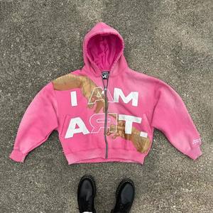 男性ヒップホップヘビーウェイトスウェットシャツ刺繍アップリケ酸ウォッシュジップアップピンクパーカー - Product Image 1