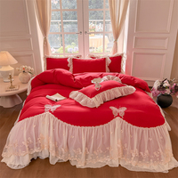 Parure de lit en coton lavé style princesse, broderie élégante en dentelle de chiffon, 4 pièces, ensemble de housse de couette de luxe shabby chic pour la décoration intérieure