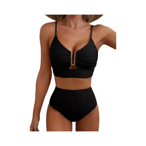 Maillot de bain deux pièces texturé fait main pour femme, 9 couleurs, taille haute, bikini bandeau, motif uni, tailles S-XL, logo avant, effet délavé - Product Image 1