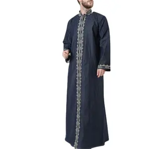 Mode baru kerah berdiri Biru jubah pria Arab bordir pakaian Islami grosir jubah Muslim