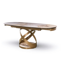 Table à manger extensible moderne de luxe avec plateau en pierre frittée ovale et base en acier doré, 6 à 8 places, pour villa, hôtel, projet commercial