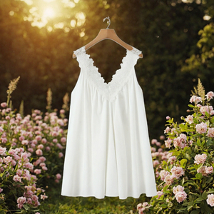 Robe courte en mousseline de soie blanche sans manches à col en V avec bordure en dentelle, robe d'été décontractée ample - Product Image 3