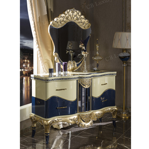 Ensemble de chambre à coucher turc royal <span class=keywords><strong>bleu</strong></span> et or en bois sculpté, mobilier de maison, lit capitonné, tables de chevet élégantes, coiffeuse - Product Image 5