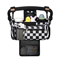 Organisateur universel double pour poussette avec sac en filet amovible, porte-gobelets isothermes surélevés et crochets antidérapants sécurisés