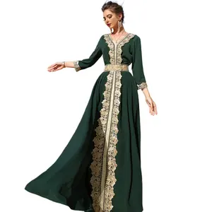 Robe longue en dentelle verte pour femmes, manches 3/4, moyen-orient, voyage, dubaï, Abaya