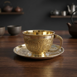 Handcrafted Brass Tea <b>Cup</b> <b>and</b> <b>Saucer</b> Set with Intricate Floral Engraved Design Vintage Gold Finish Decorative Coffee <b>Cup</b> Tea <b>cup</b> - Product Image 6