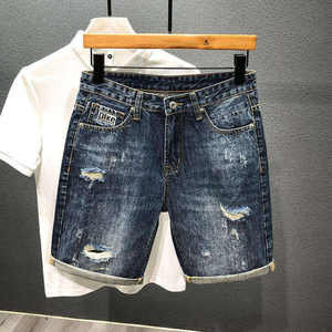 Shorts en jean bleu pour hommes, nouvelle collection été 2025, haute qualité, coupe droite amincissante, style urbain nostalgique, vente en gros - Product Image 4