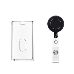 Black leather belt <b>clip</b> with groove, retractable badge roll keychain, double-sided hard document protective sleeve. - Product Image 1