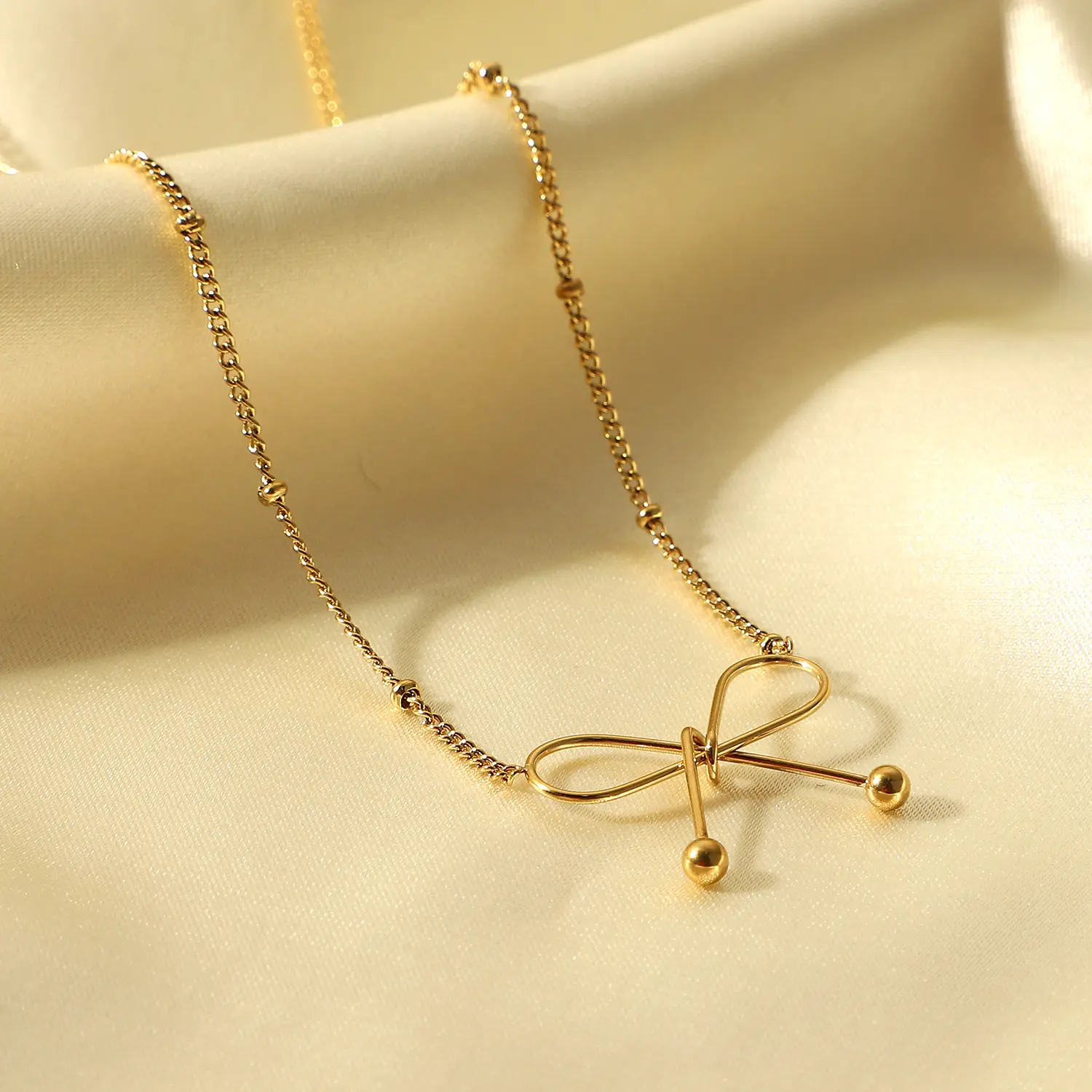 14K Gold Plated Bow Pendant Necklace Stainless Steel Small Round Beads Thin Chain Necklace For Gift