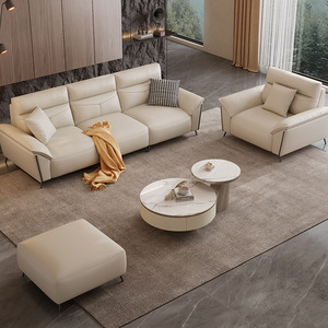 Juego de Muebles de Sala de Estar de Cuero Crema de Lujo Moderno, Sofá de 3 Plazas, Sillón, Otomana, Mesa de Centro de Mármol, para Salón, Hotel, Comercial - Product Image 1
