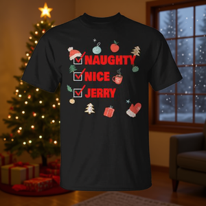 T-shirt de Noël Naughty Nice Jerry avec nom personnalisé et design festif - Product Image 3