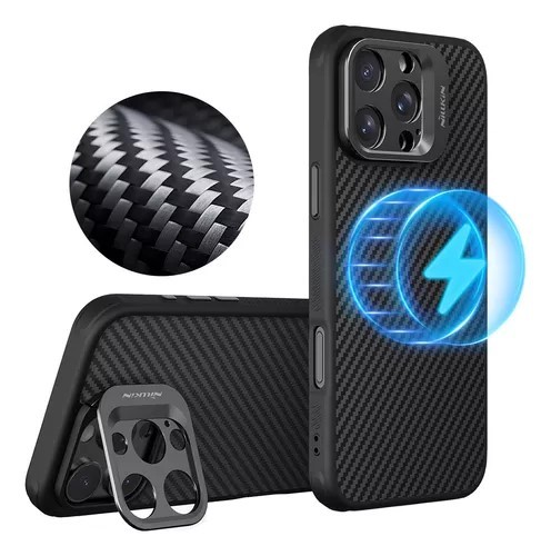 Nillkin Business Camera Protector Carbon Fiber Wireless Charging Kickstand Aramid Fiber Magnetic Case for iPhone 16 Pro Max