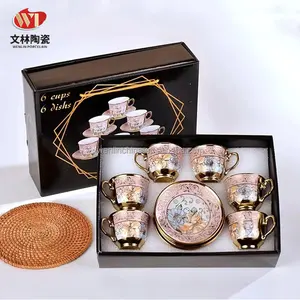 Set Teh Kopi Keramik 90CC 220Cc 6 Cangkir 6 Piring Porselen Halus Pelat Emas Desain Mode Harga Grosir Pabrik