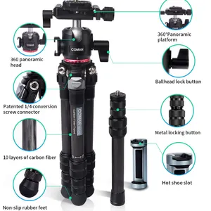 Coman Tripod Dudukan Ponsel Serat Karbon, Tripod Kamera Digital Video Kepala Bola CNC Profesional untuk Ponsel Pintar