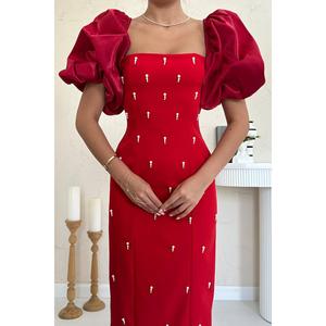 Elegante Vestido de Noche Rojo de Terciopelo con Cuello Cuadrado, Mangas con Volantes, Silueta Ajustada y Cintura Natural - Product Image 2