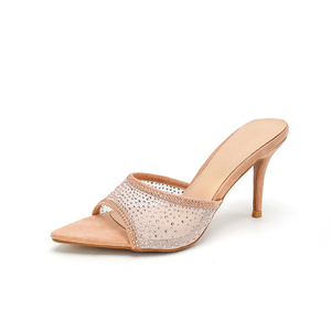 New Arrival Open <b>Toe</b> Pointed High <b>Heels</b> Mules Fashionable Rhinestone Slippers Lightweight Breathable High Top PU Shoes - Product Image 2