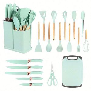 Ensemble d'ustensiles de cuisine antiadhésifs colorés de 19 pièces avec manche en bois, spatule en silicone, outils de cuisson compatibles lave-vaisselle - Product Image 4