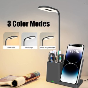 Lampe de bureau à charge sans fil avec support pour stylo, bras flexible, gradation tricolore, commande tactile, chargeur sans fil 3-en-1 15W, design moderne - Product Image 2