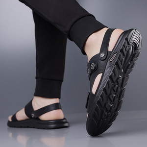 Men's Genuine Leather Solid Flat Sandals Open Toe Anti Slip Rubber Outsole Embossed Logo Casual <b>Beach</b> Driving Outdoor <b>Shoes</b> - Product Image 3
